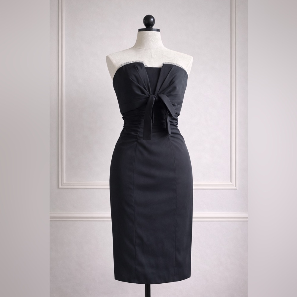 Xscape Strapless Black Knot-Front Sheath Dress
